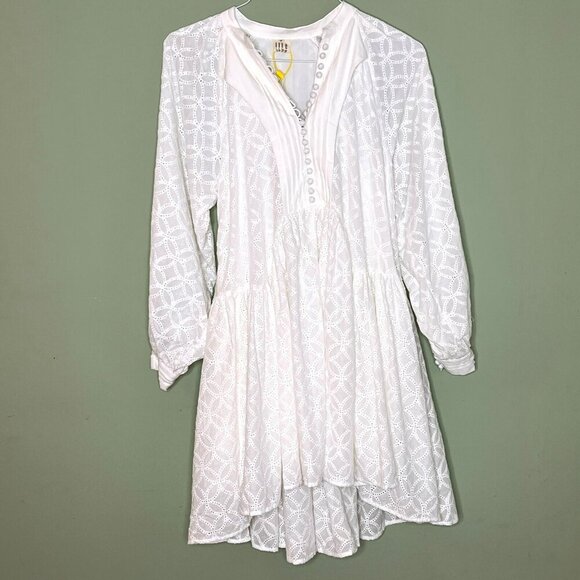 Aoxwomen Minidress sz S Eyelet Boho Cottagecore Hi Lo Hem Peasant Sleeve NWT - Picture 1 of 10